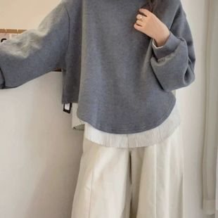 宽松别致上衣 卫衣女秋季 胖mm300斤大码 假两件拼接polo领条纹衬衫