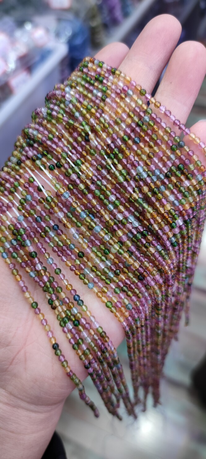 天然水晶 2MM 天然透体糖果色彩碧玺圆珠散珠 碧玺半成品长链配珠