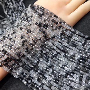 2MM 天然黑发晶方糖 立方块钻石面散珠 硬抛切面四方形半成品饰品