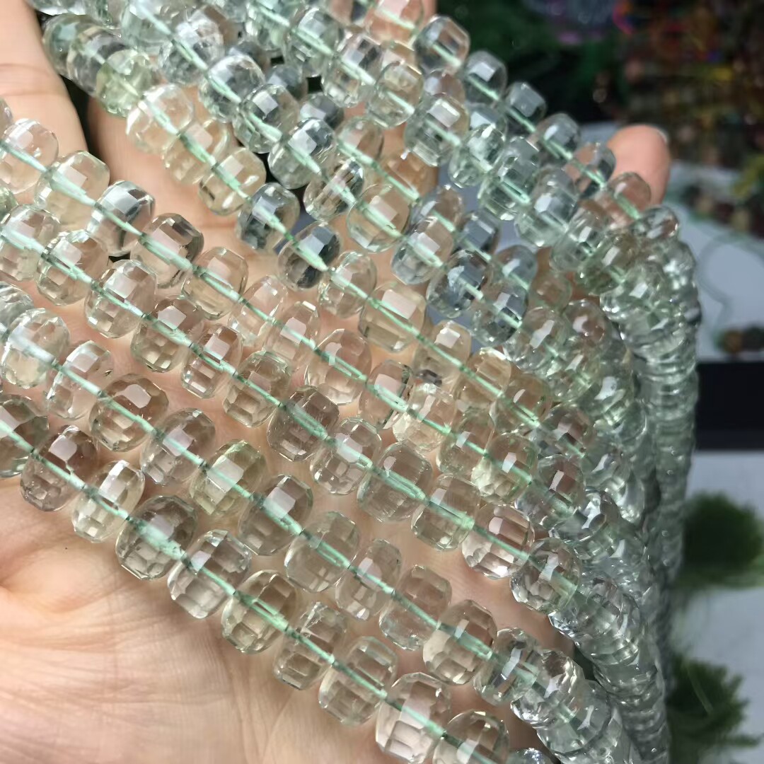 9MM天然水晶 绿水晶西瓜面车轮珠切扁珠散珠半成品手链项链配件