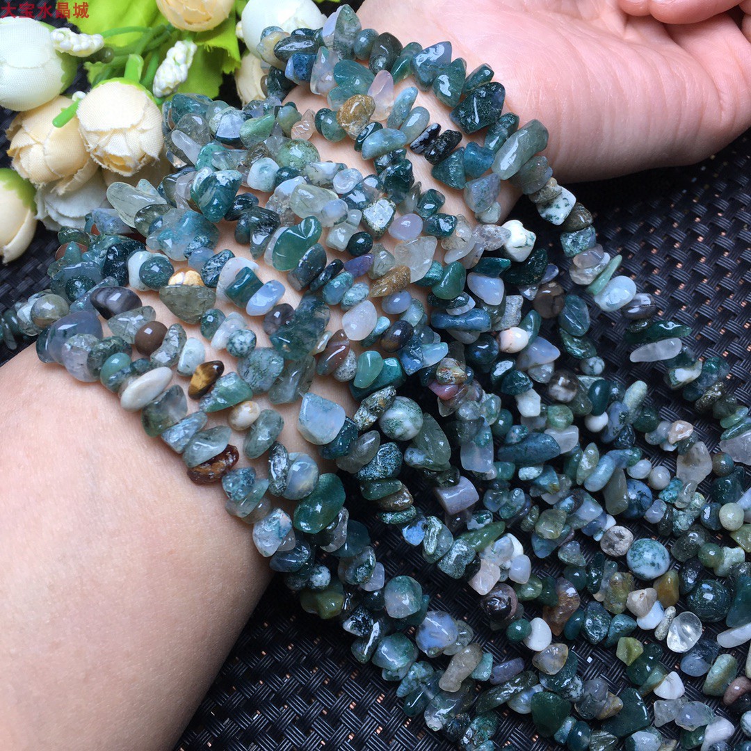 天然水草玛瑙碎石散珠绿色玛瑙水晶半成品珠有孔碎石 80厘米配珠