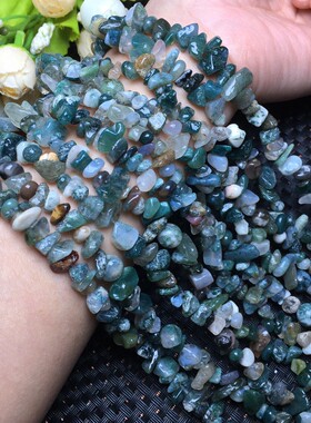 天然水草玛瑙碎石散珠绿色玛瑙水晶半成品珠有孔碎石 80厘米配珠
