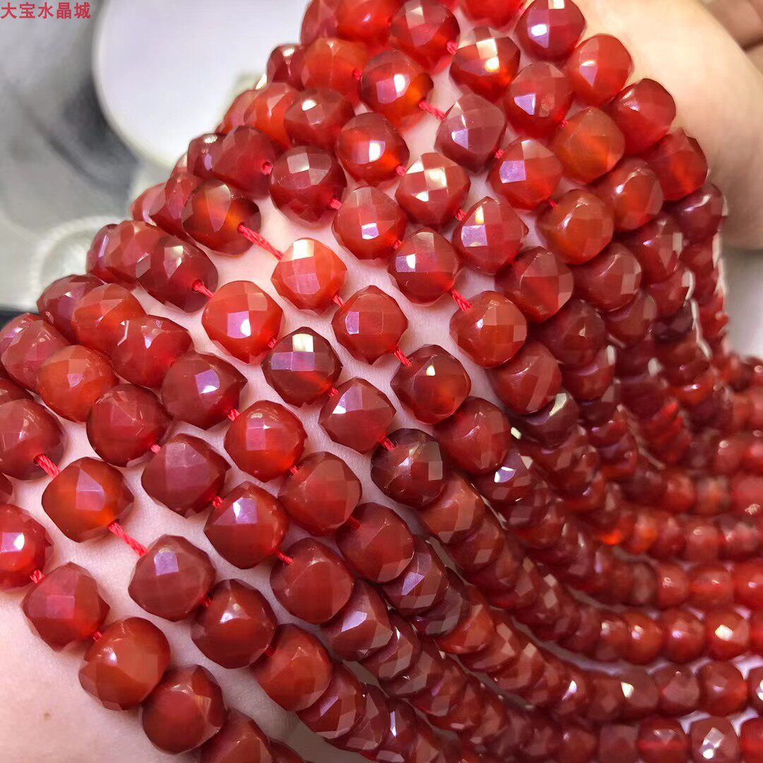 天然水晶大颗粒红玛瑙 立方块钻石面切角四方形散珠 半成品长链珠