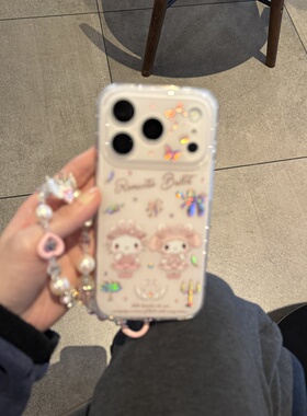 ins可爱日系卡通春季樱花粉水晶手提适用苹果14Promax手机壳16女16pro苹果17promax韩15苹果17