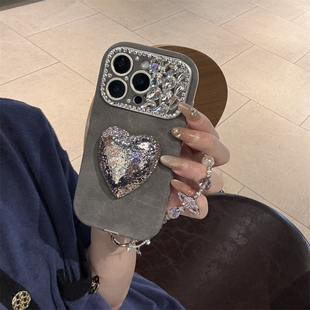 ins冷淡灰水钻金属爱心支架链条适用苹果14Promax手机壳16女16pro苹果17promax韩15苹果17
