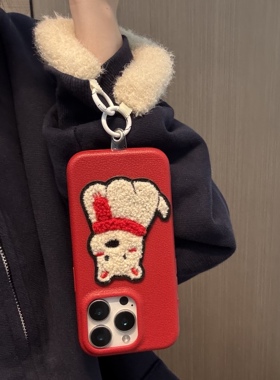 ins新中式新年可爱红色刺绣小狗秋冬毛绒手提适用苹果14Promax手机壳16女16pro苹果17promax韩15苹果17