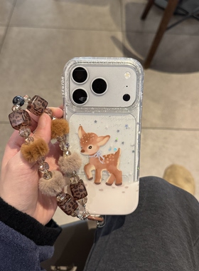 ins日韩可爱卡通小鹿透明豹纹水晶手环适用苹果14Promax手机壳16女16pro苹果17promax韩15苹果17