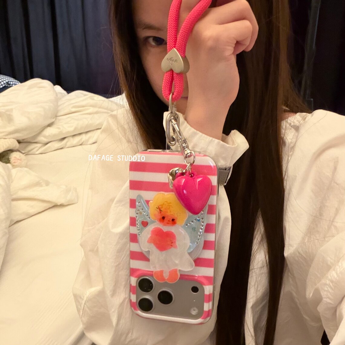 玫红闪钻天使磁吸支架链条适用苹果15Promax手机壳16女16pro苹果17promax韩15苹果17Pro