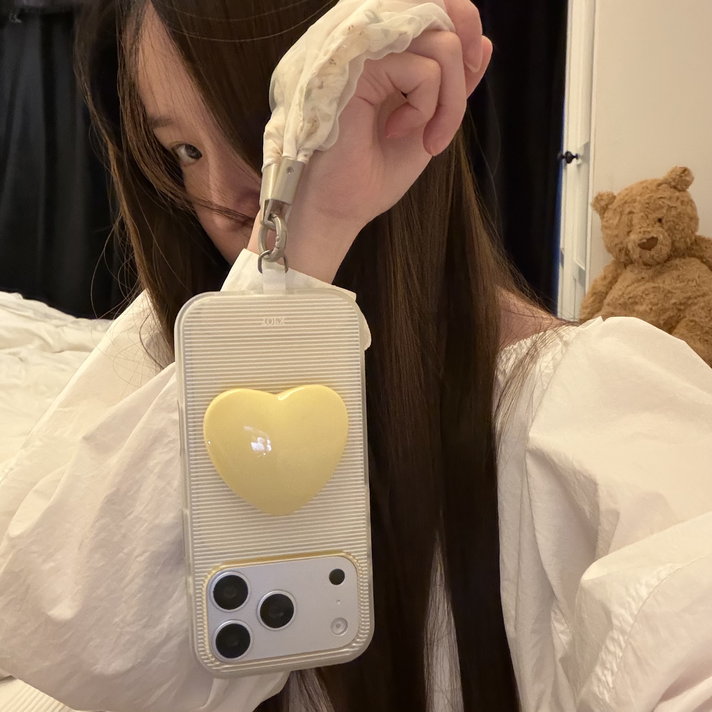 韩系ins芝士奶黄条纹透明复古爱心支架碎花布艺手提适用15Promax手机壳16女16pro苹果17promax韩15女17Pro