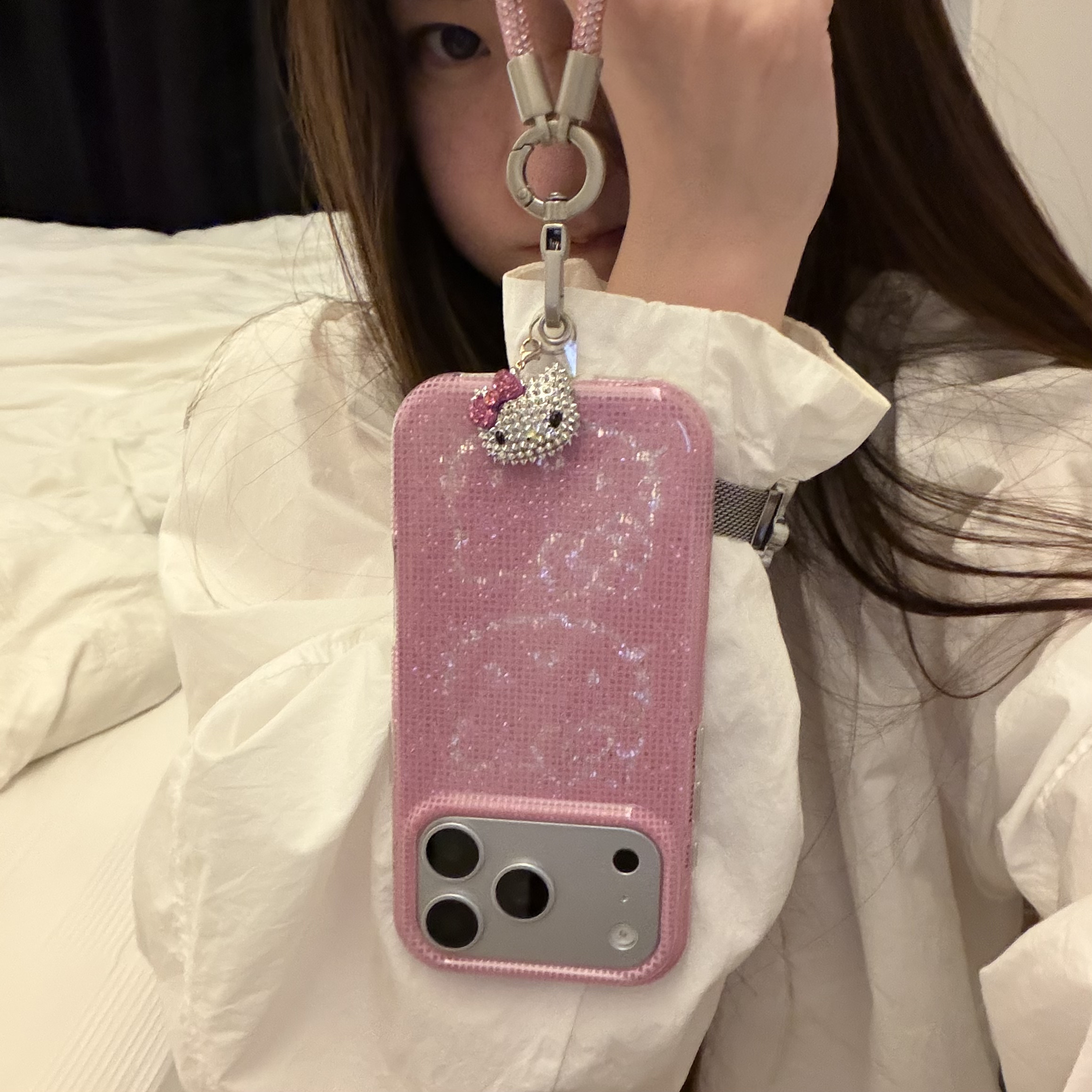 ins闪粉格纹可爱猫咪水晶闪钻手提适用苹果15Promax手机壳16女16pro苹果17promax韩15苹果17Pro