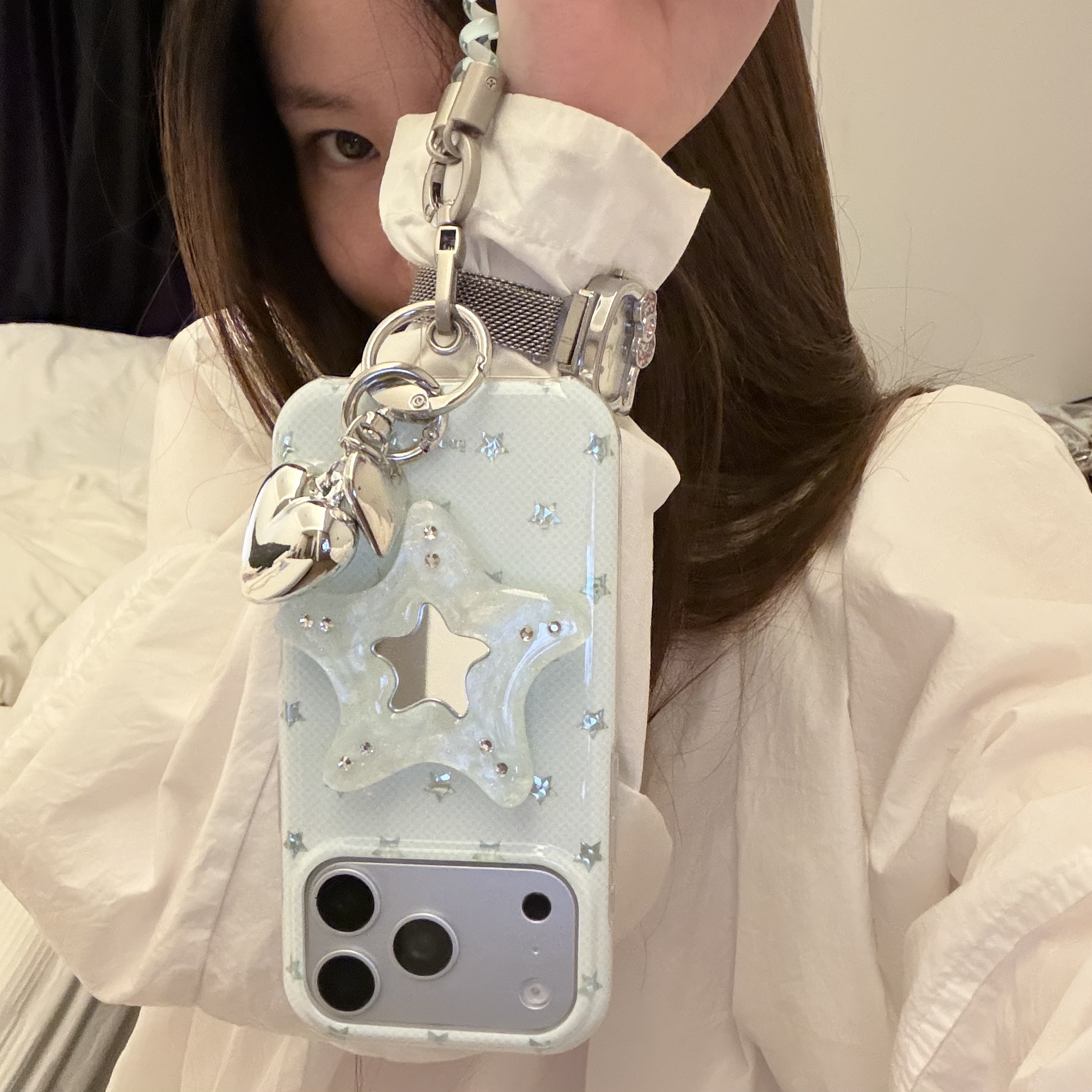 ins韩系浅绿海星镜面支架果冻绿爱心短绳适用18romax手机壳16女16pro 17promax韩15女17Pro小众15Pro