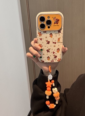 ins日韩气质皮纹橙色星星卡通冬季毛绒腕带适用苹果14Promax手机壳16女16pro苹果17promax韩15苹果17