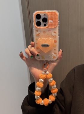 ins日韩气质闪粉支架橙色毛绒珍珠手提适用苹果14Promax手机壳16女16pro苹果17promax韩15苹果17