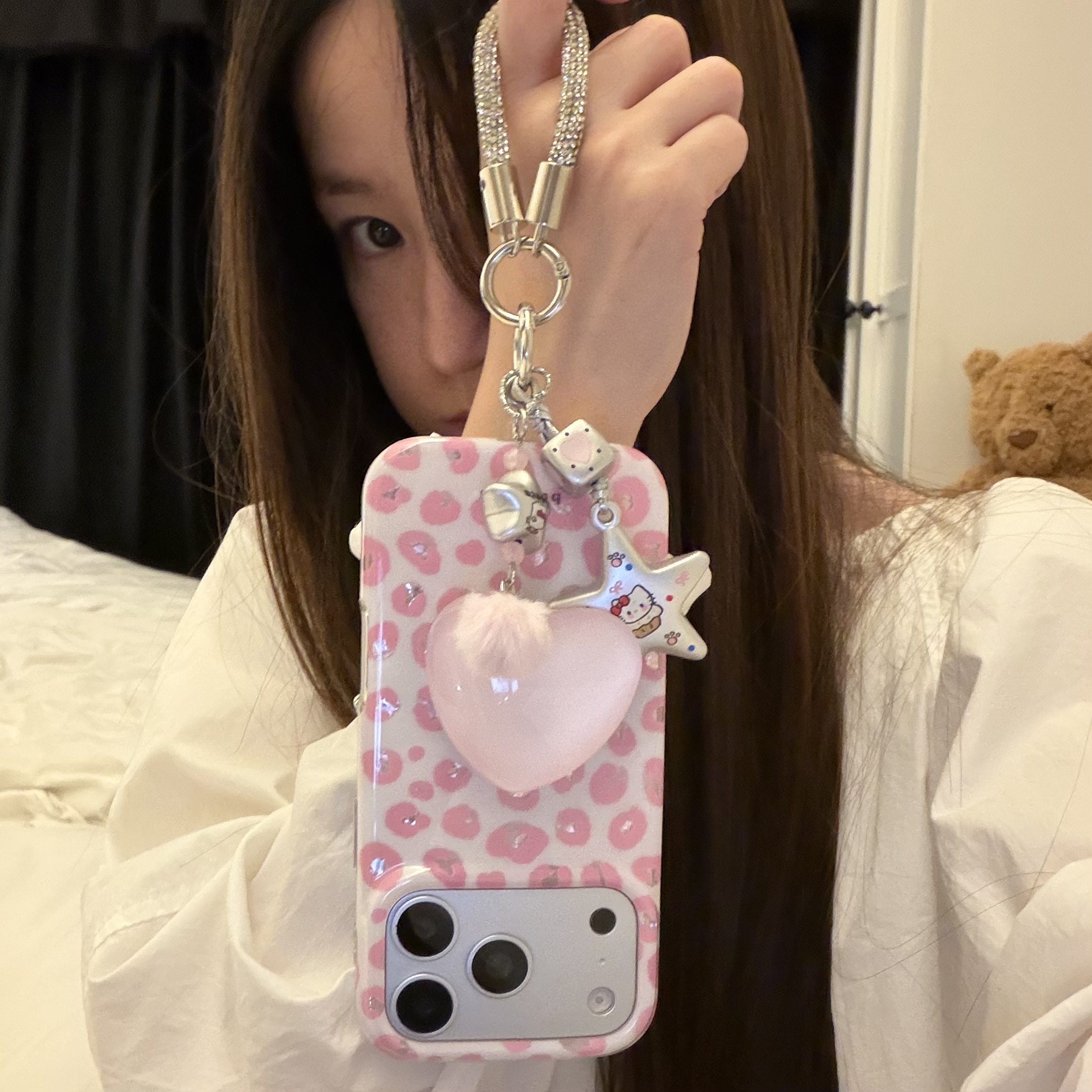 粉豹纹爱心链条支架适用苹果15Promax手机壳16女16pro苹果17promax韩15苹果17Pro