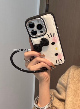 ins闪钻黑色蝴蝶结猫咪链条适用苹果14Promax手机壳16女16pro苹果17promax韩15苹果17
