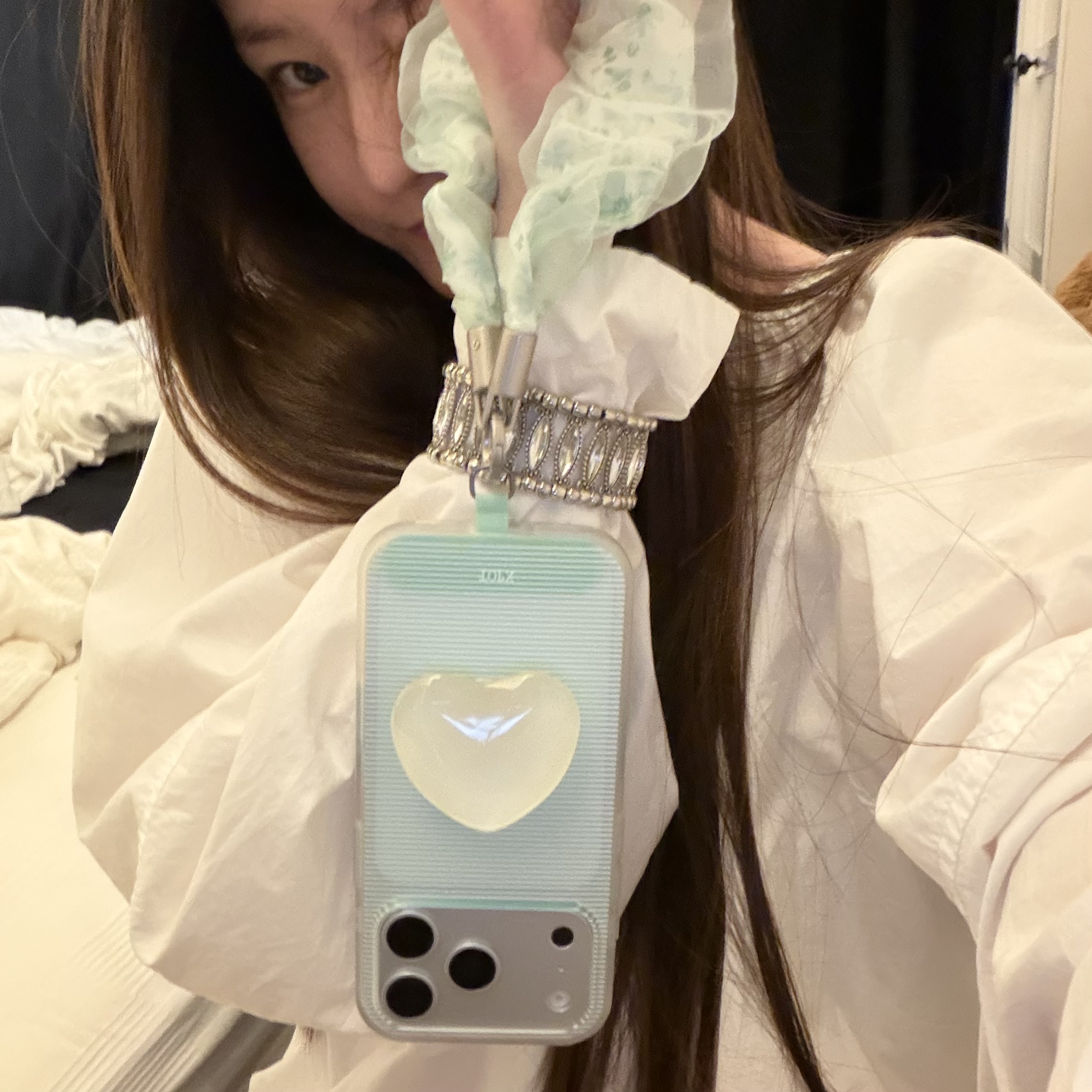 ins韩系同款薄荷绿复古透明条纹水黄爱心支架纱艺手提适用15Promax手机壳16女16pro苹果17promax韩15女17Pro