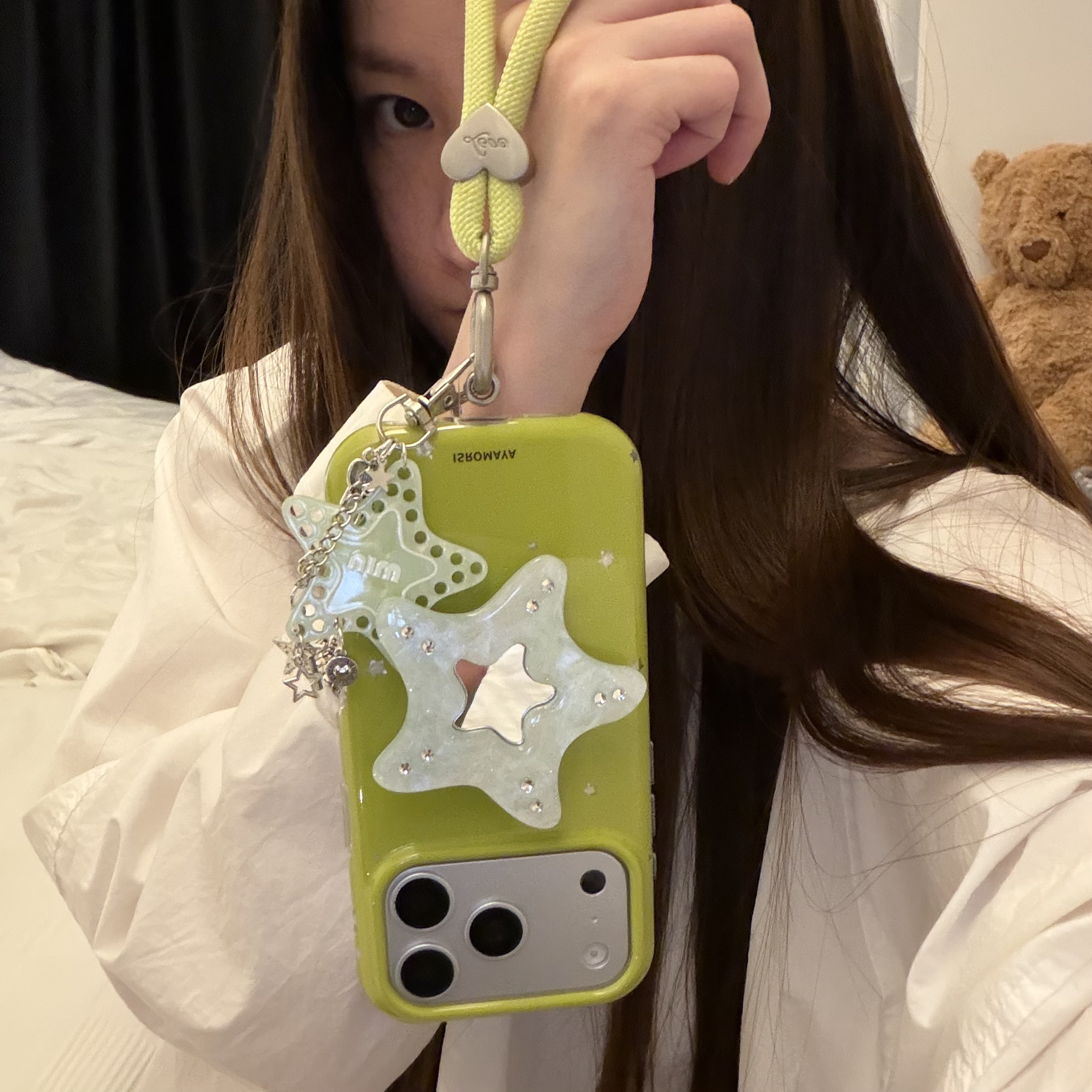 韩系ins抹茶绿海星贝壳镜面支架简约爱心短绳适用15Promax手机壳16女16pro苹果17promax韩15女17Pro