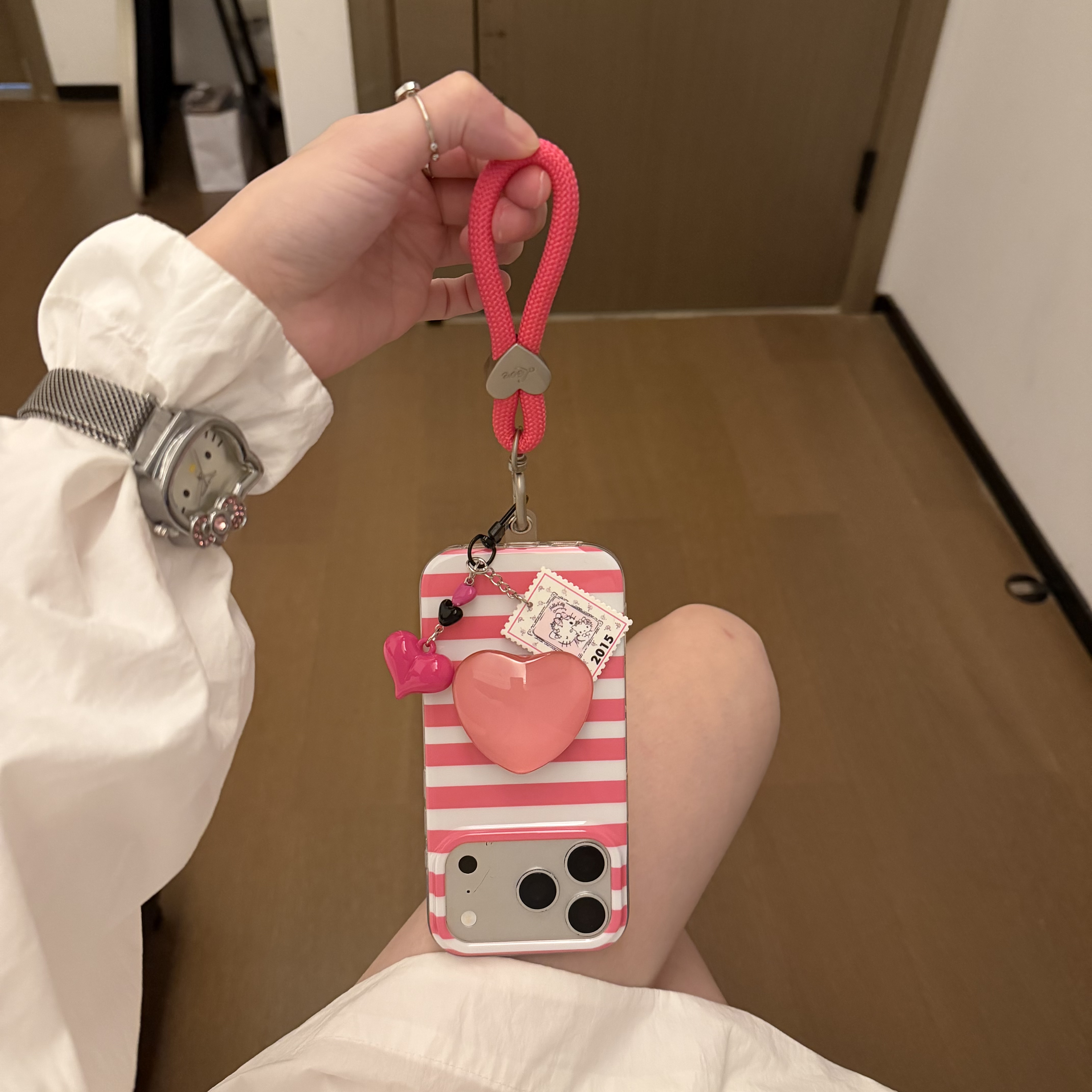 韩系ins海军风粉白条纹气质爱心支架简约手提适用苹果15Promax手机壳16女16pro苹果17promax韩15苹果17Pro