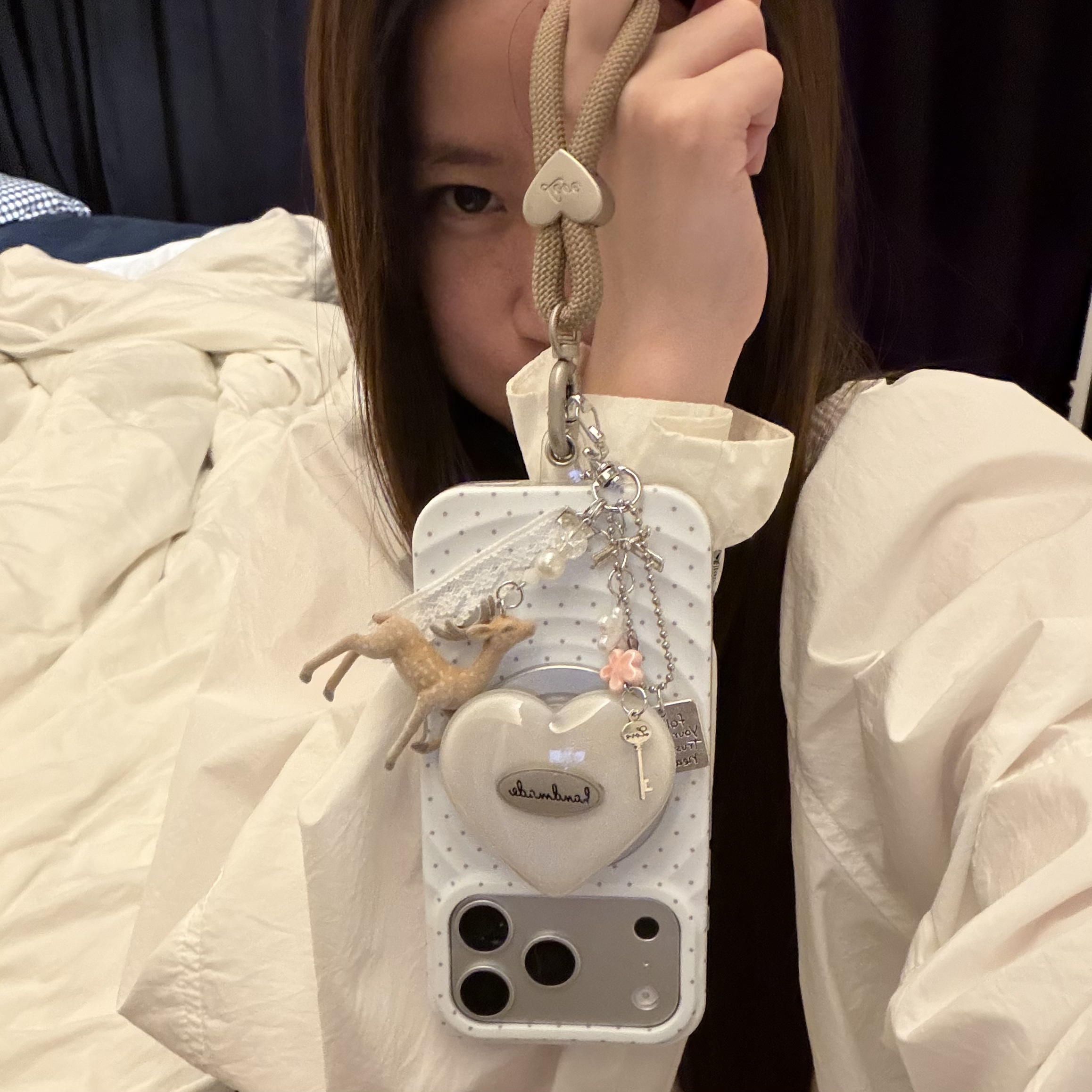 ins奶白波点英文闪粉爱心磁吸支架可爱小鹿挂件适用苹果15Promax手机壳16女16pro苹果17promax韩15苹果17Pro