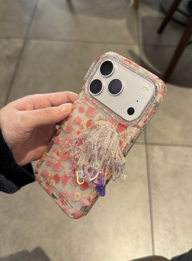 ins韩系春季樱花粉草莓水晶流苏镭射爱心适用苹果14Promax手机壳16女16pro苹果17promax韩15苹果17
