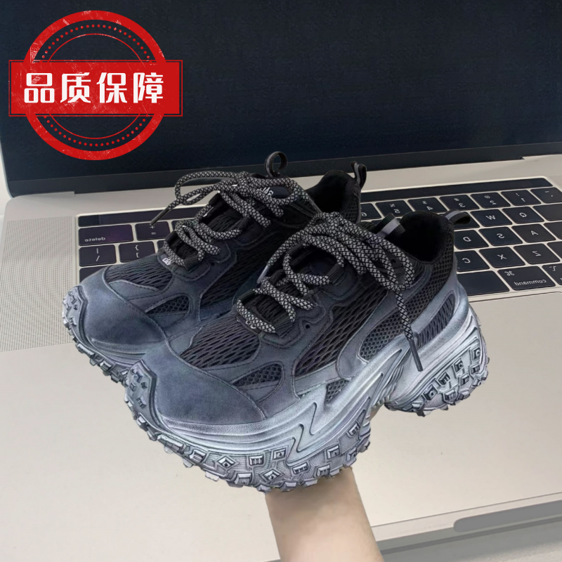 2025新款超火网红老爹鞋女ins网面显脚小黑色真皮增高休闲运动鞋