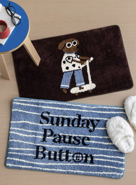 复古卡通浴室脚垫ins风蓝色条纹地毯卧室床边毯浴室吸水防滑脚垫