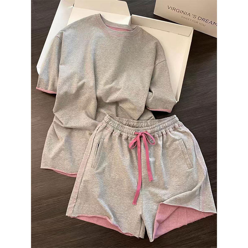 夏季撞色ins韩系可外穿粉灰睡衣T恤女慵懒风春短裤短袖家居服套装
