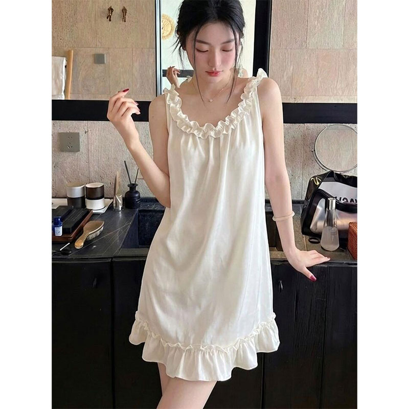 夏季花边睡裙女缎面仿醋酸缎网红气质修身衣裙女短款可外穿家居服
