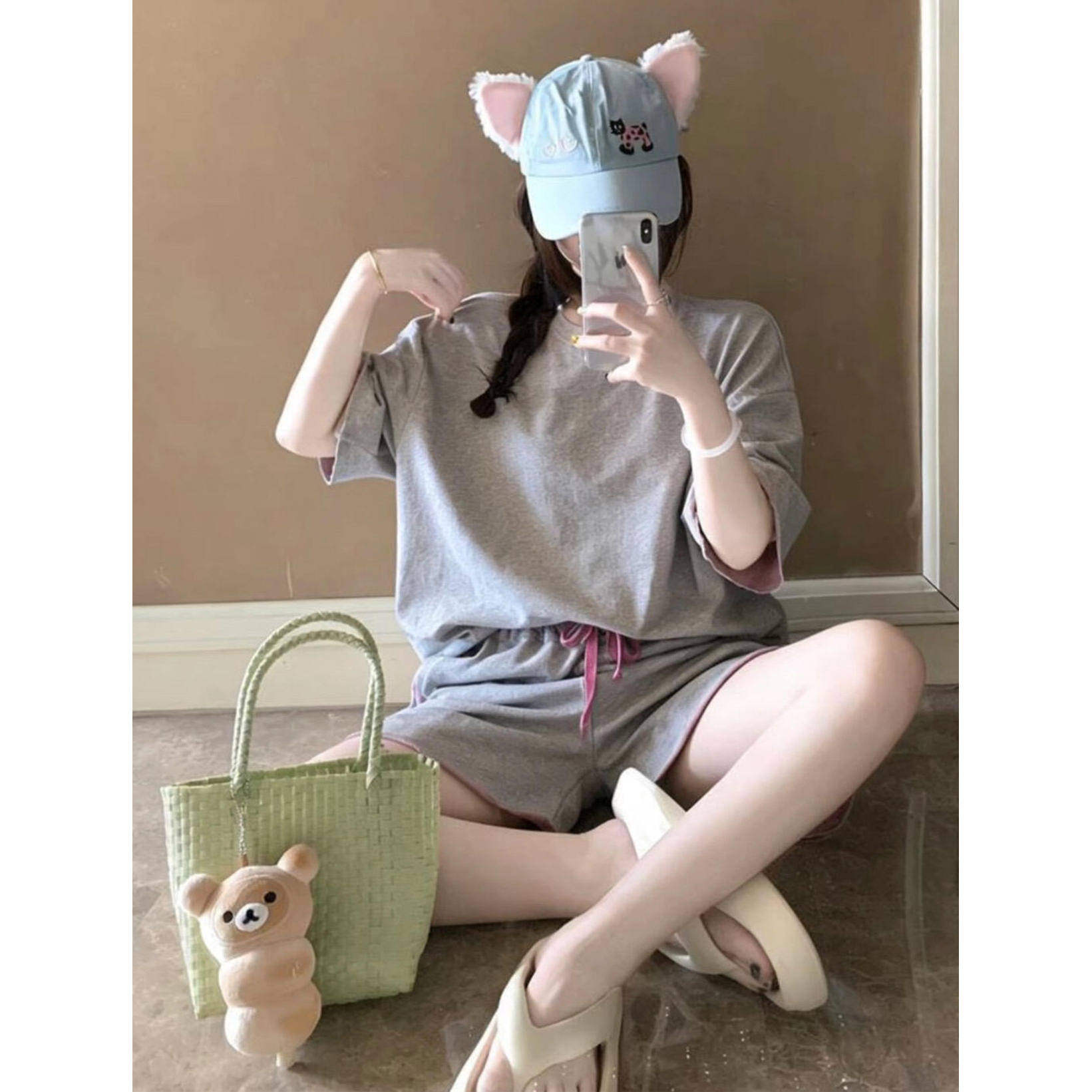 ins韩系可外穿粉灰睡衣撞色夏季T恤女慵懒风春短裤短袖家居服套装