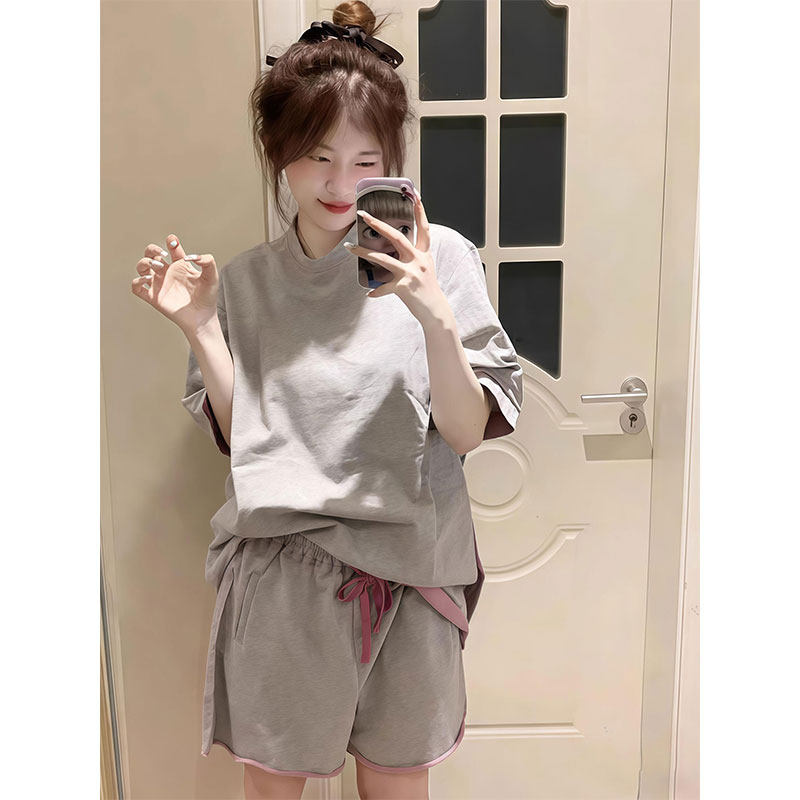 韩系ins粉灰撞色夏季T恤睡衣女慵懒风春短裤短袖家居服套装可外穿