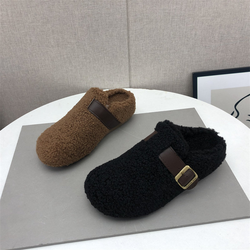 2025冬季新款女鞋圆头加绒保暖平底防滑外穿毛毛鞋包头半拖勃肯鞋