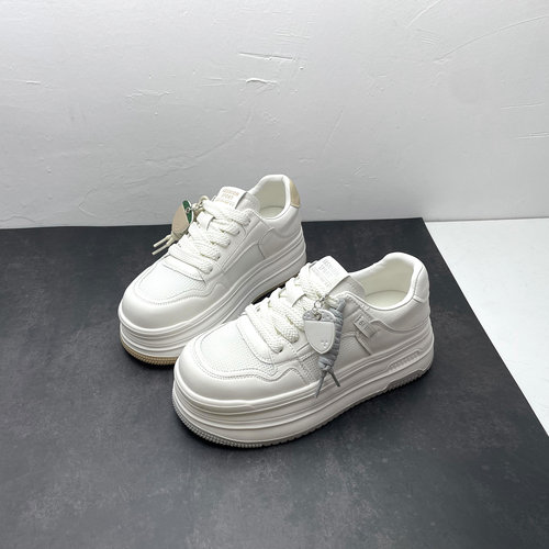 2026春季新款真皮小白鞋深口系带网面透气网面轻便女士单鞋增高鞋