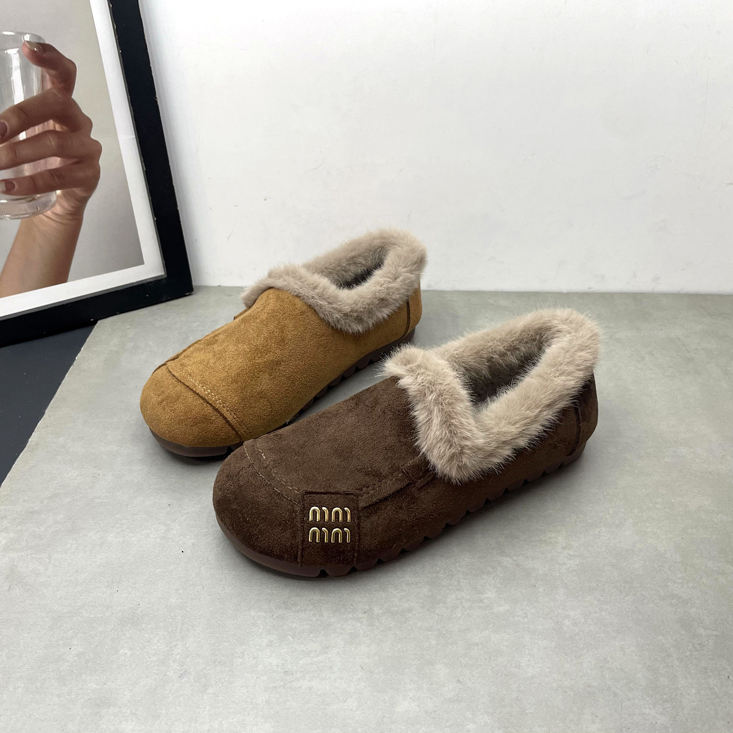 2025冬季新款毛毛棉鞋女一脚蹬加绒保暖平底懒人鞋防滑软底豆豆鞋