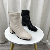 外贸处理真皮女鞋 短靴子 时装 2023冬款 方头粗跟高跟瘦瘦靴牛皮韩版