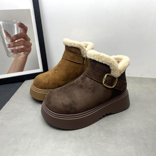 工厂处理女鞋2025冬季新款绒面松糕厚底毛口复古高帮勃肯女士棉靴