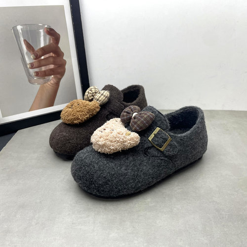 2025冬季新款加绒保暖毛绒勃肯鞋可爱卡通小熊舒适懒人鞋女士棉鞋