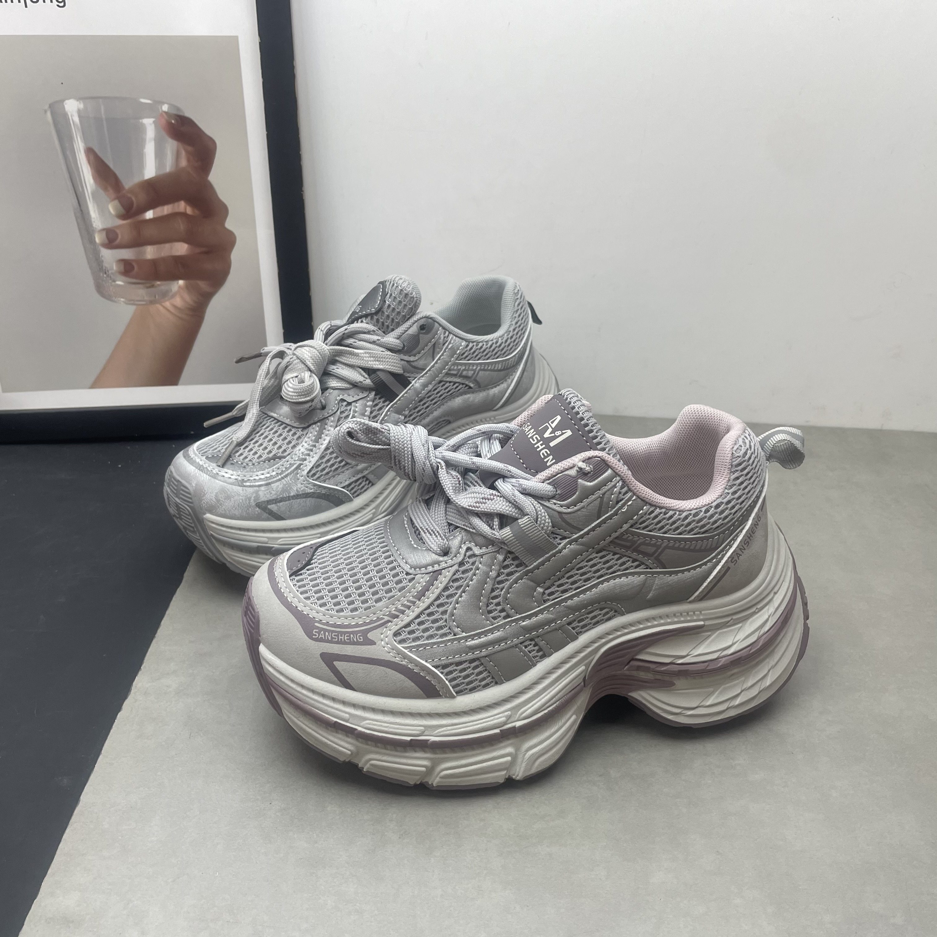 2026春季新款老爹鞋圆头深口系带网面透气增高厚底运动百搭女单鞋,女鞋,老爹鞋,淘宝优惠券,粉丝福利购,淘宝优惠卷