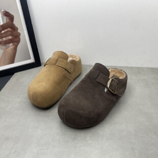 2025冬季新款真皮女鞋圆头加绒保暖厚底复古勃肯鞋外穿女士棉拖鞋