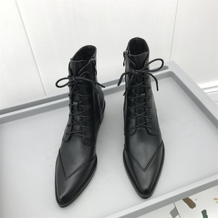 外贸撤柜清仓冬2021牛皮时尚尖头绑带加绒女棉靴粗中跟侧拉链短靴