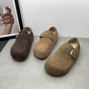 真皮版！秋冬复古勃肯鞋加绒保暖厚底全包一脚蹬秀气丑萌女士棉鞋
