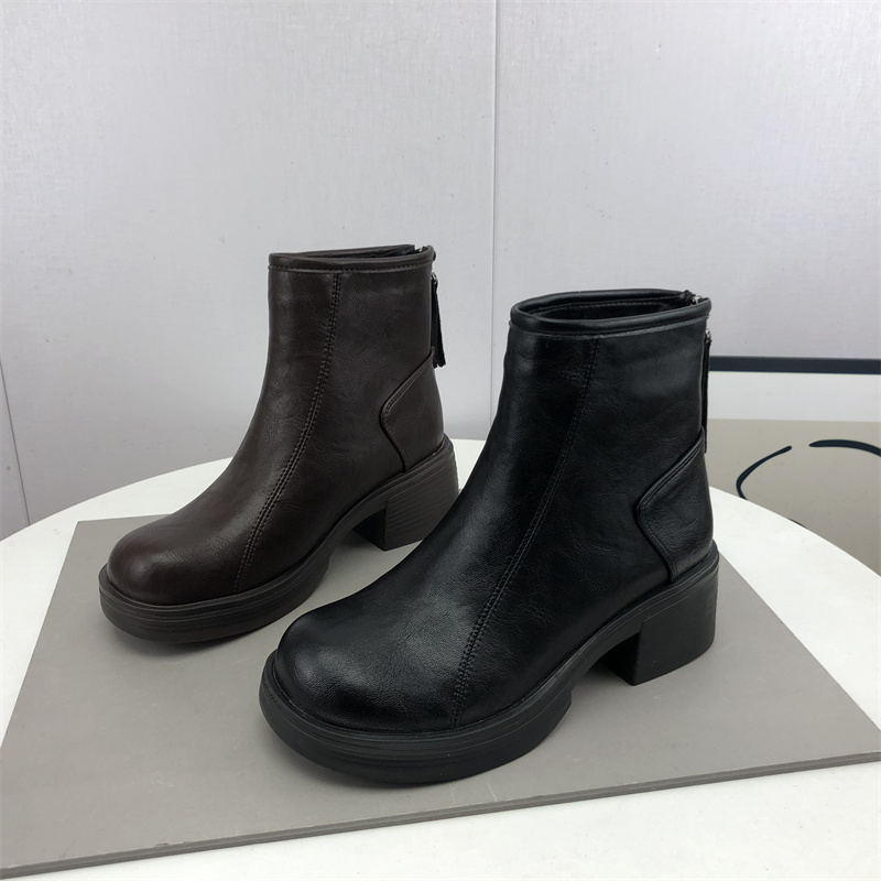 2025冬季新款女鞋圆头粗跟软底舒适加绒保暖英伦风瘦瘦靴女棉靴子