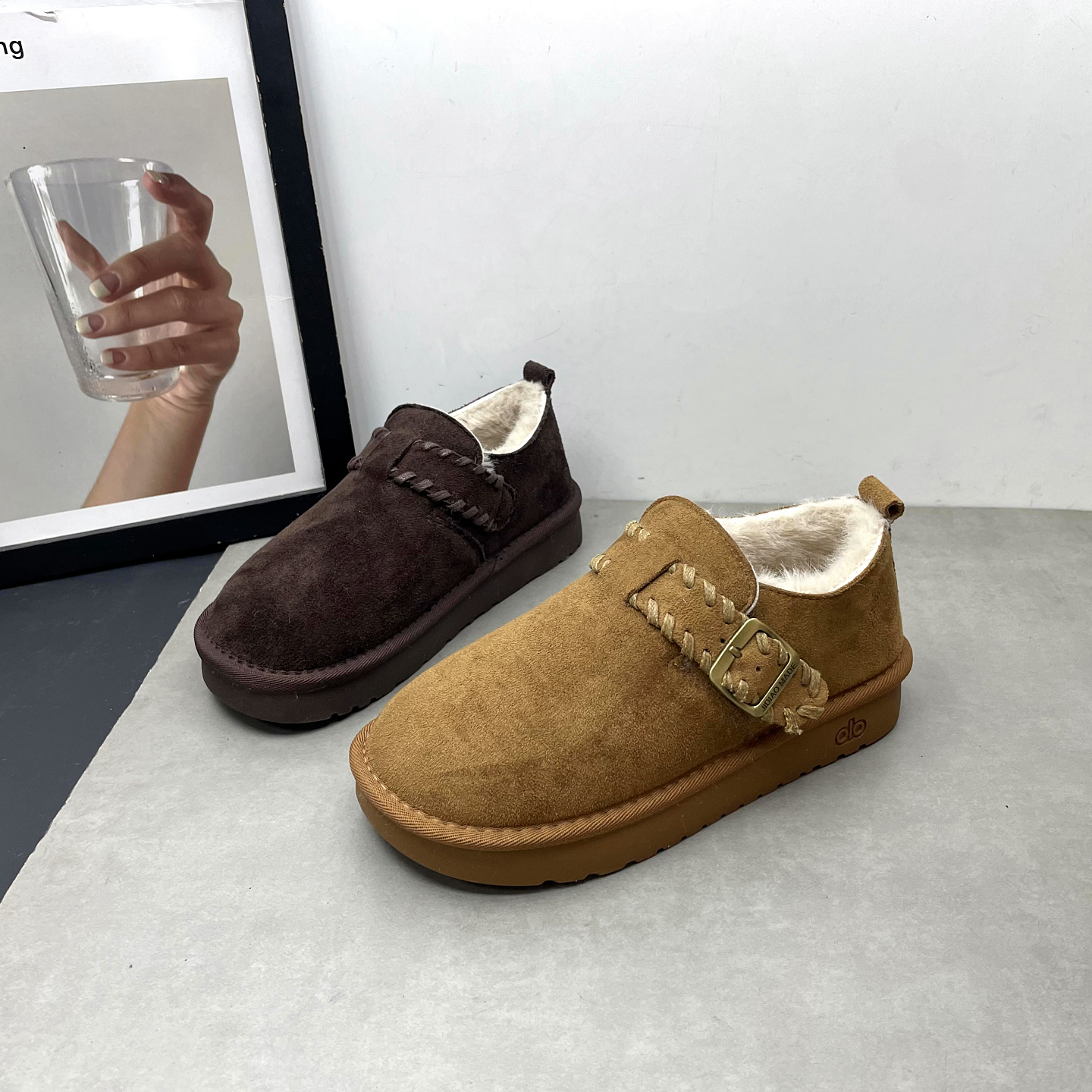 2025冬季新款圆头深口一脚蹬加绒复古平底防滑勃肯鞋休闲女士棉鞋