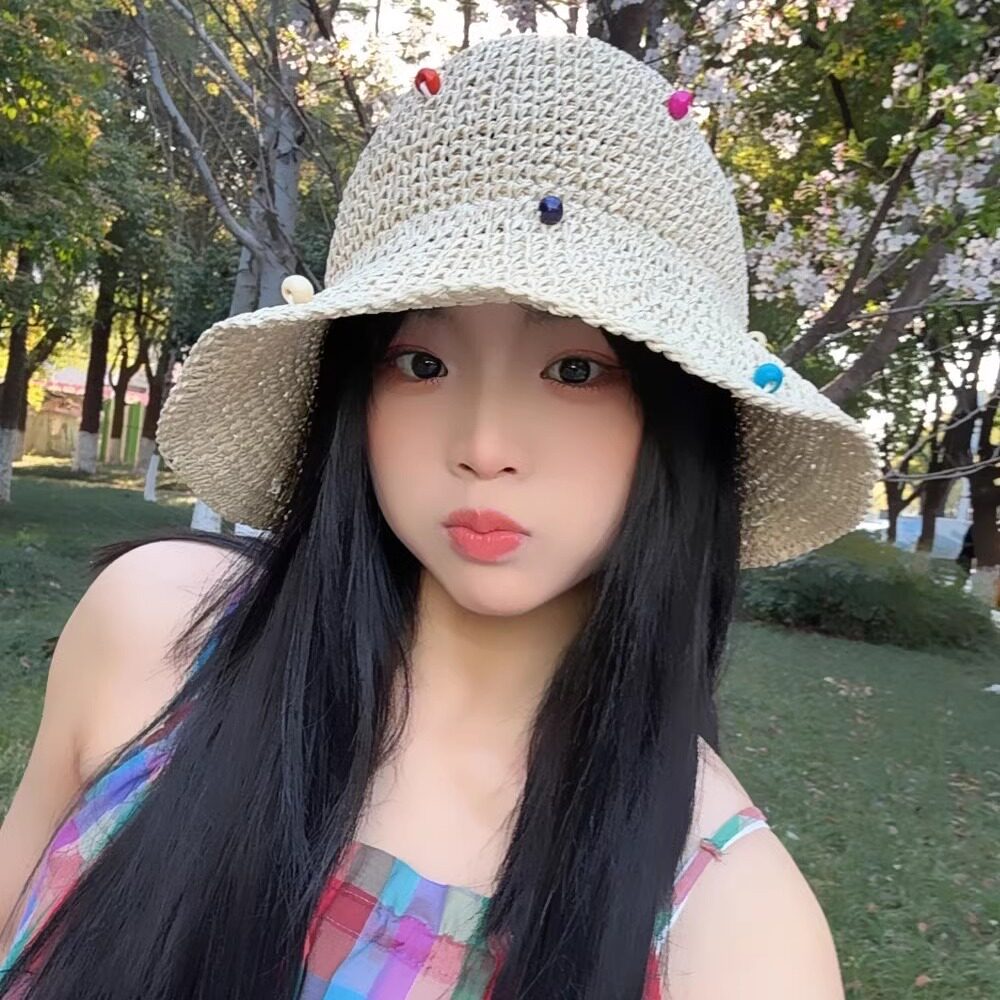 彩色豆豆大帽檐防晒草帽女户外