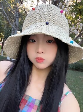 彩色豆豆大帽檐防晒草帽女户外