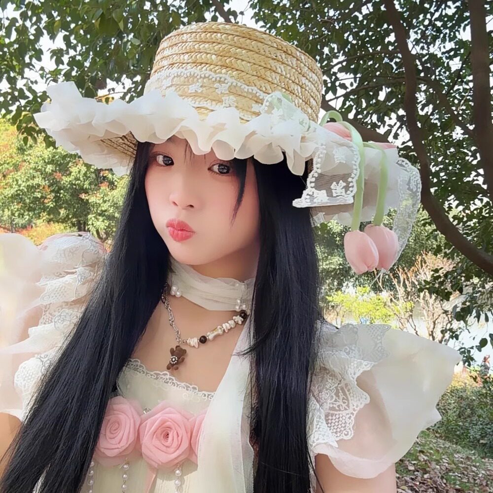 洛丽塔蕾丝蝴蝶结郁金香草帽女