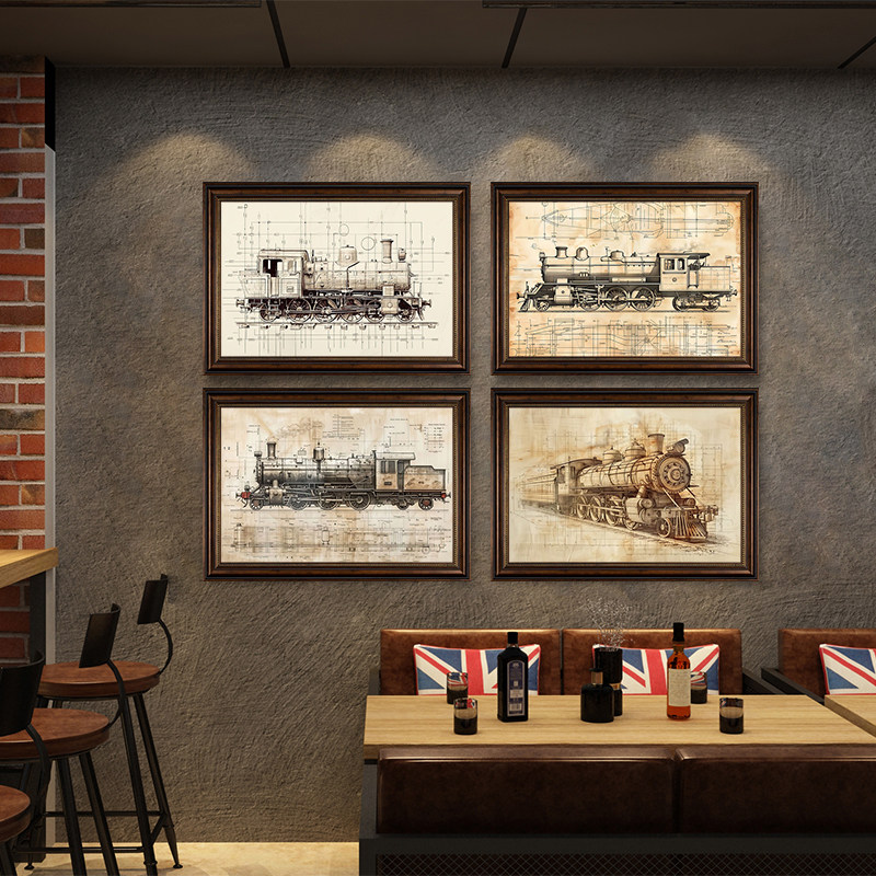复古火车酒馆墙面装饰画美式西餐厅背景墙挂画音乐餐吧清吧挂画