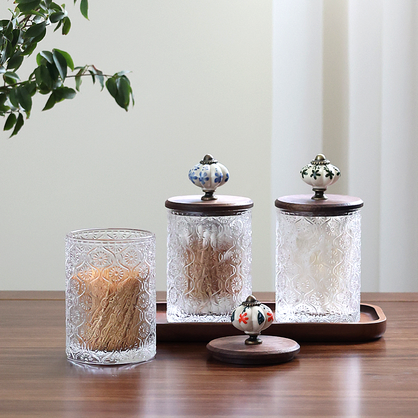 新中式玻璃收纳罐牙签棉签牙线收纳摆件装饰高颜值中古风手工制品