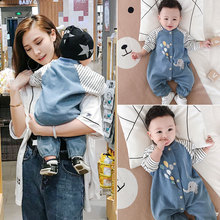 婴儿牛仔套装春装连体衣春秋爬服男宝宝条纹长袖哈衣秋装可爱衣服