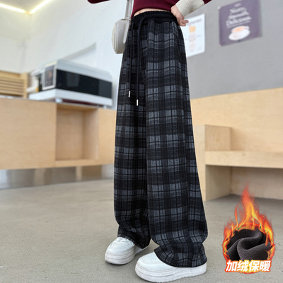 女童冬季加绒加厚格子裤阔腿裤