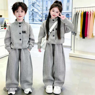 女童春装休闲套装2026新款洋气春秋条纹卫衣女孩阔腿裤男童两件套